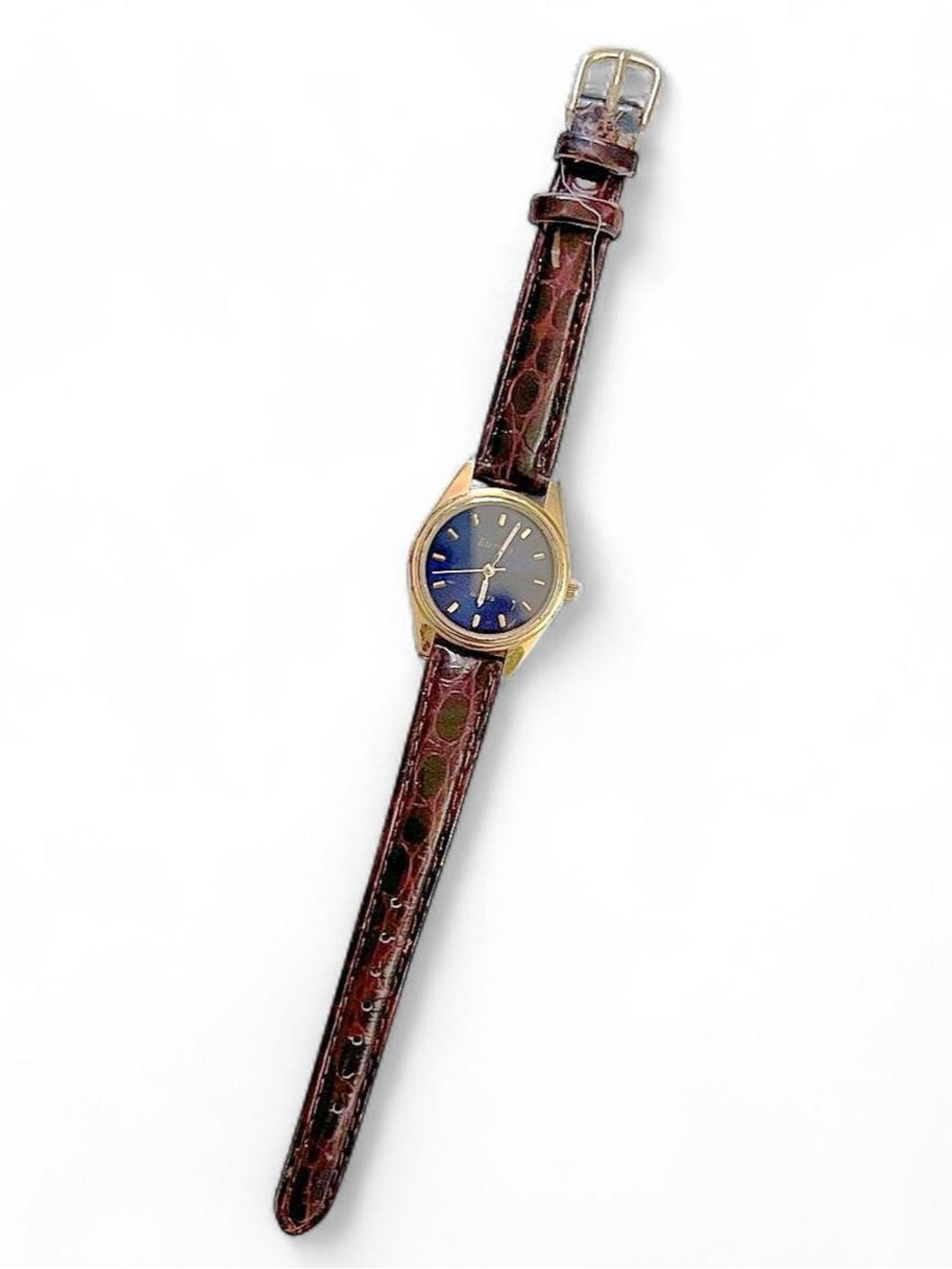 Vintage Eternity Gold Tone Navy Blue Dial Leather Watch Japan Movement
